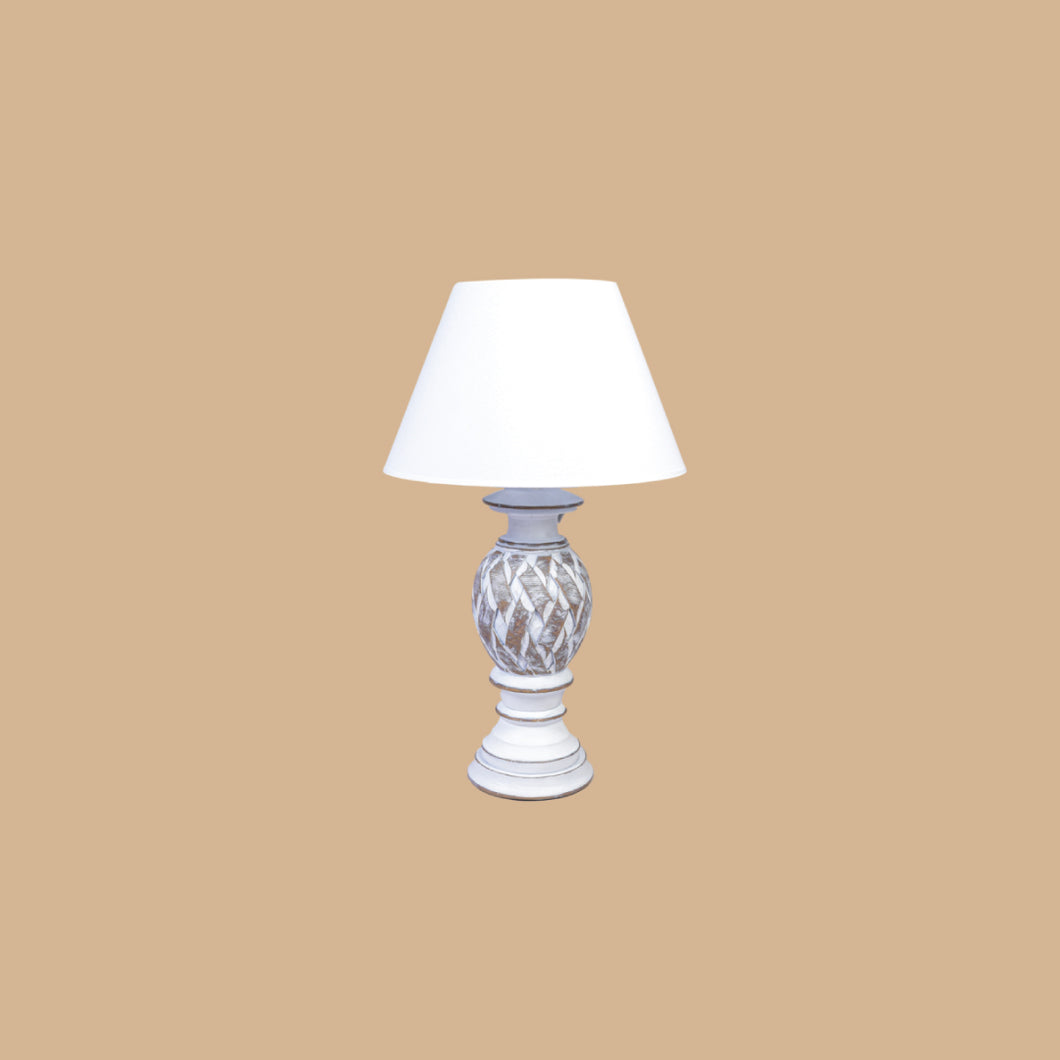LAMPS-POLYRESIN LAMP WHITE/OAK C/W WHITE SHADE